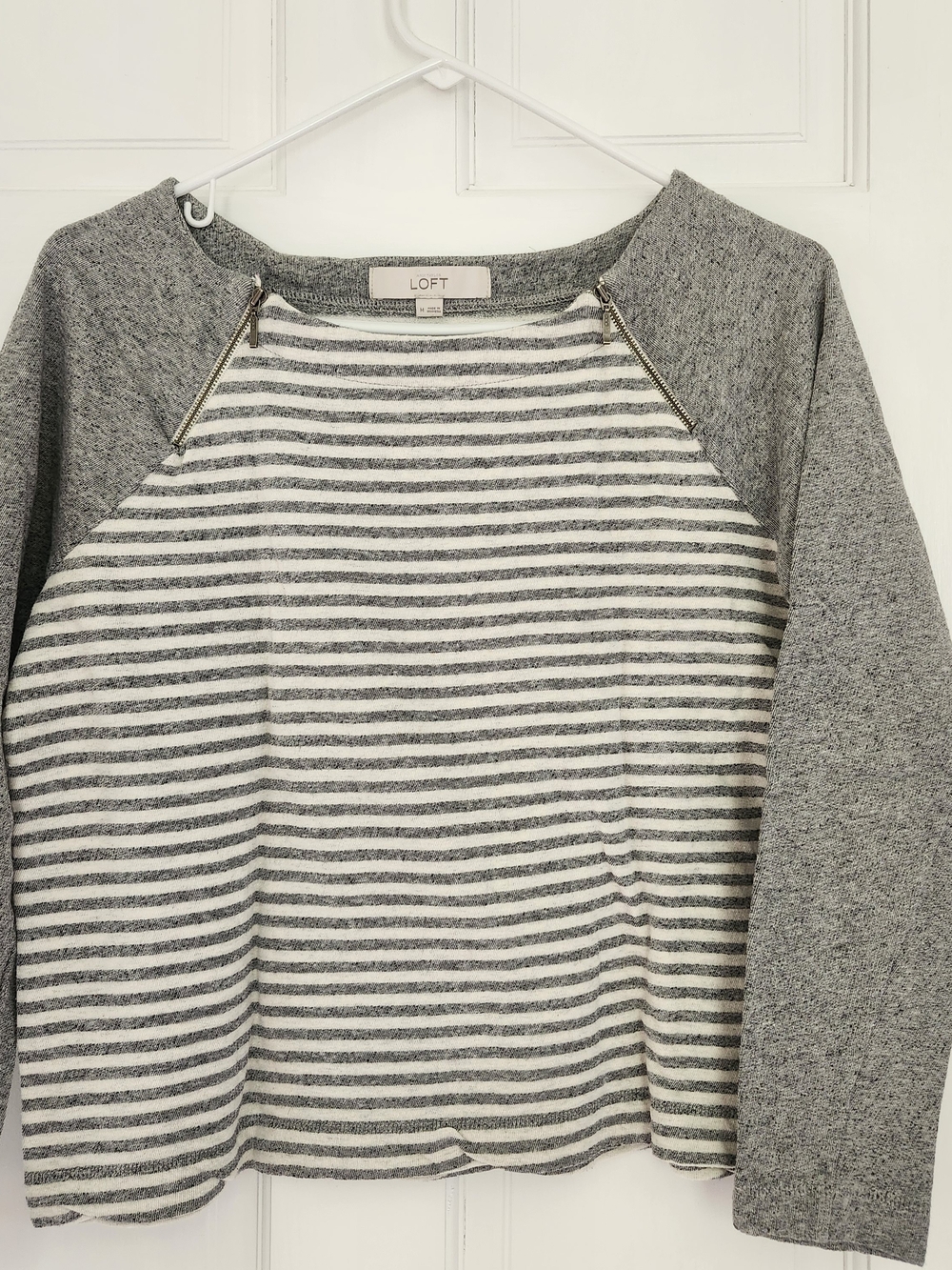 LOFT Gray & White Striped Crewneck Sweater with Zip Accents